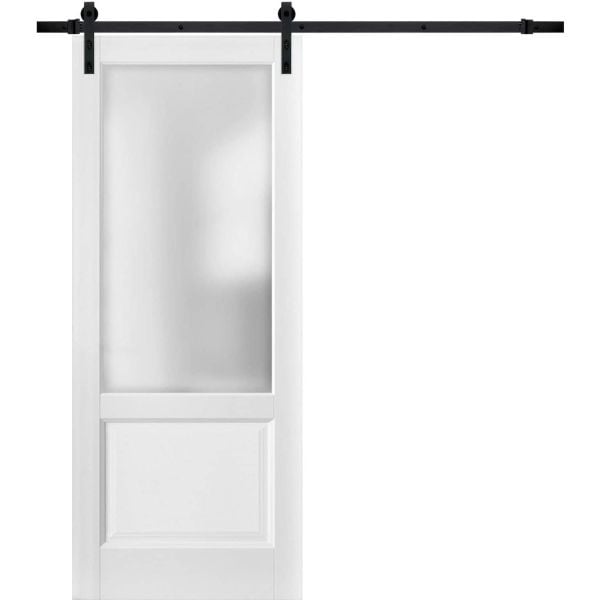 Sliding Barn Door with Hardware | Lucia 22 White Silk with Frosted Opaque Glass | Top Mount 6.6FT Rail Hangers Sturdy Set | Lite Wooden Solid Panel Interior Doors-18" x 80"-Frosted Glass-Black Rail