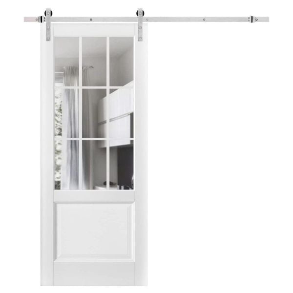 Sturdy Barn Door | Felicia 3599 White Silk with Clear Glass | Silver 6.6FT Rail Hangers Heavy Hardware Set | Solid Panel Interior Doors