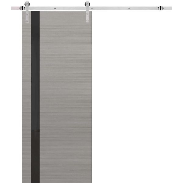 Sturdy Barn Door | Planum 0440 Grey Ash with Black Glass | Silver 6.6FT Rail Hangers Heavy Hardware Set | Solid Panel Interior Doors