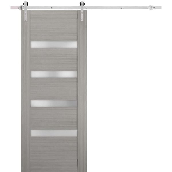 Sturdy Barn Door | Quadro 4113 Grey Ash with Frosted Glass | Silver 6.6FT Rail Hangers Heavy Hardware Set | Solid Panel Interior Doors