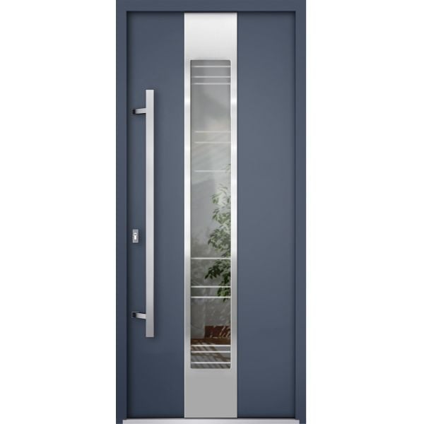 Front Exterior Prehung Steel Door / Deux 5755 Gray Graphite / Stainless Inserts Single Modern Painted