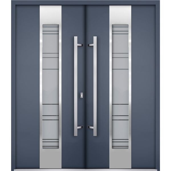 Front Exterior Prehung Steel Double Doors / Deux 0757 Gray Graphite / Stainless Inserts Single Modern Painted