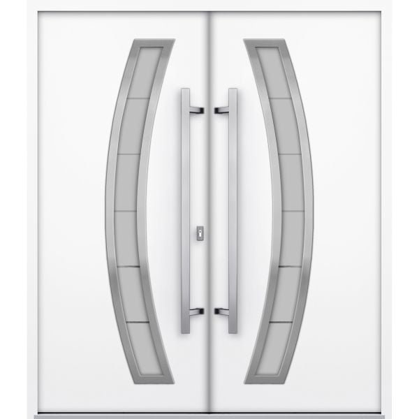 Front Exterior Prehung Steel Double Doors / Deux 6500 White / Stainless Inserts Single Modern Painted