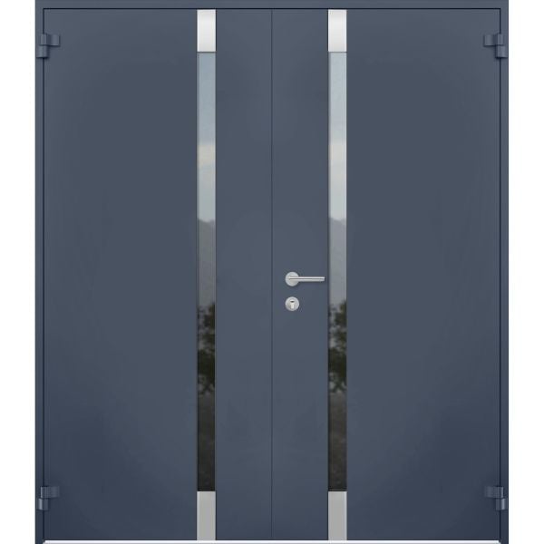 Front Exterior Prehung Steel Double Doors / Cynex 6777 Grey / Stainless Inserts Single Modern Painted-W72" x H80"-Right-hand Outswing
