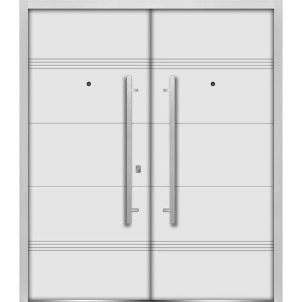 Front Exterior Prehung Steel Double Doors / Deux 1705 White Enamel / Stainless Inserts Single Modern Painted