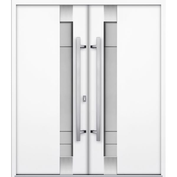 Front Exterior Prehung Steel Double Doors / Deux 1713 White Enamel / Stainless Inserts Single Modern Painted