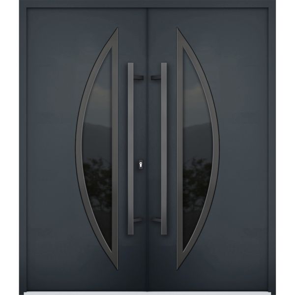 Front Exterior Prehung Steel Double Doors / Deux 6501 Anthracite / Stainless Inserts Single Modern Painted-W72" x H80"