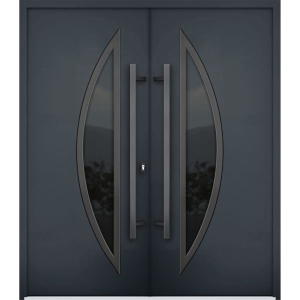 Front Exterior Prehung Steel Double Doors / Deux 6501 Black / Stainless Inserts Single Modern Painted