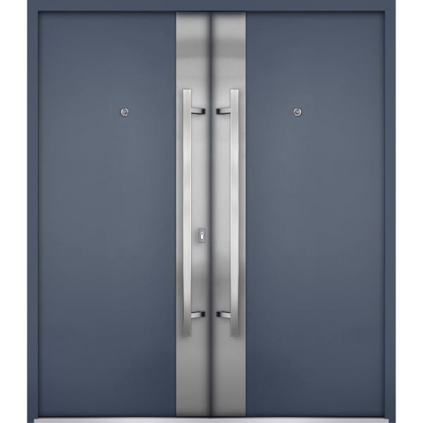 Front Exterior Prehung Steel Double Doors / Deux 0729 Gray Graphite / Stainless Inserts Single Modern Painted