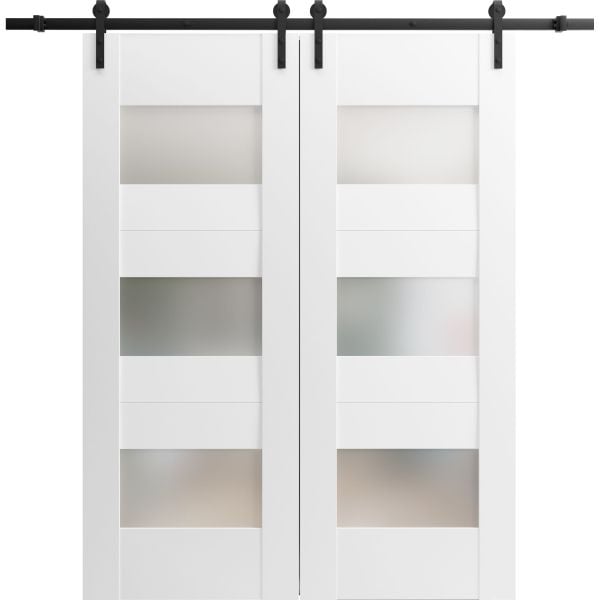 Modern Double Barn Door with Opaque Glass / Sete 6003 White Silk / 13FT Rail Track Set / Solid Panel Interior Doors
