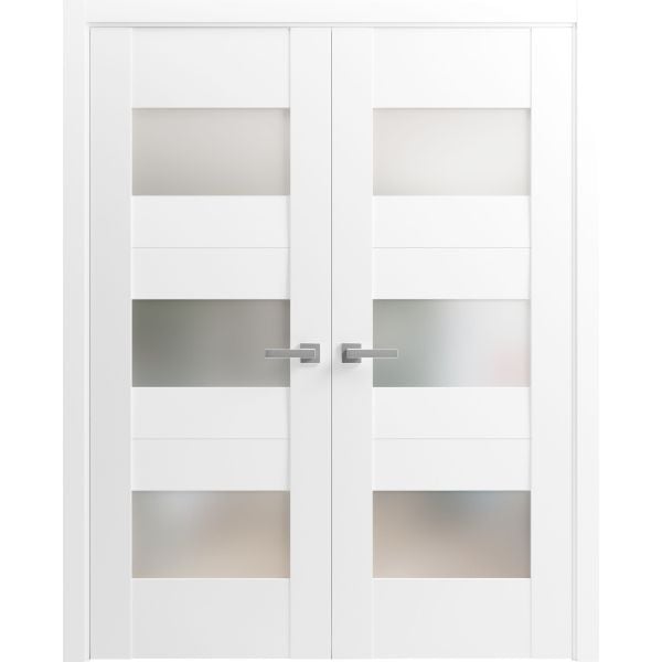 Solid French Double Doors / Sete 6003 White Silk with Frosted Glass / Wood Solid Panel Frame / Closet Bedroom Modern Doors 