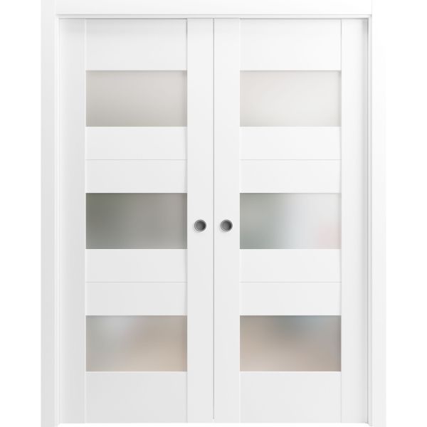 Sliding French Double Pocket Doors Opaque Glass / Sete 6003 White Silk / Kit Rail Hardware / MDF Interior Bedroom Modern Doors