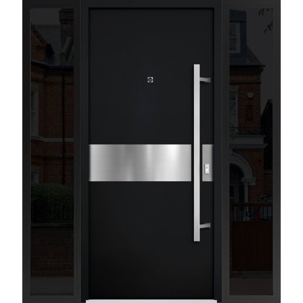 Front Exterior Prehung Steel Door / Deux 6072 Black Enamel / 2 Sidelight Exterior Windows Sidelites/ Entry Metal Modern Painted W12+36+12" x H80" Left hand Inswing