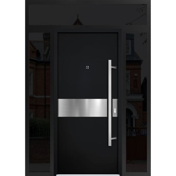 Front Exterior Prehung Steel Door / Deux 6072 Black Enamel / 2 Sidelight and Transom Window Sidelite / Entry Metal Modern Painted W12+36+12" x H80+16" Left hand Inswing