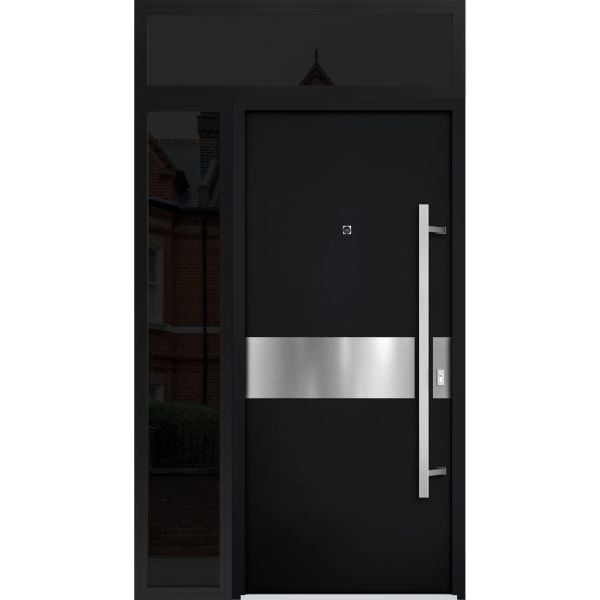 Front Exterior Prehung Steel Door / Deux 6072 Black Enamel / Sidelight and Transom Window Sidelite / Entry Metal Modern Painted W36+12" x H80+16" Left hand Inswing