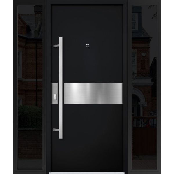 Front Exterior Prehung Steel Door / Deux 6072 Black Enamel / 2 Sidelight Exterior Windows Sidelites/ Entry Metal Modern Painted W14+36+14" x H80" Right hand Inswing