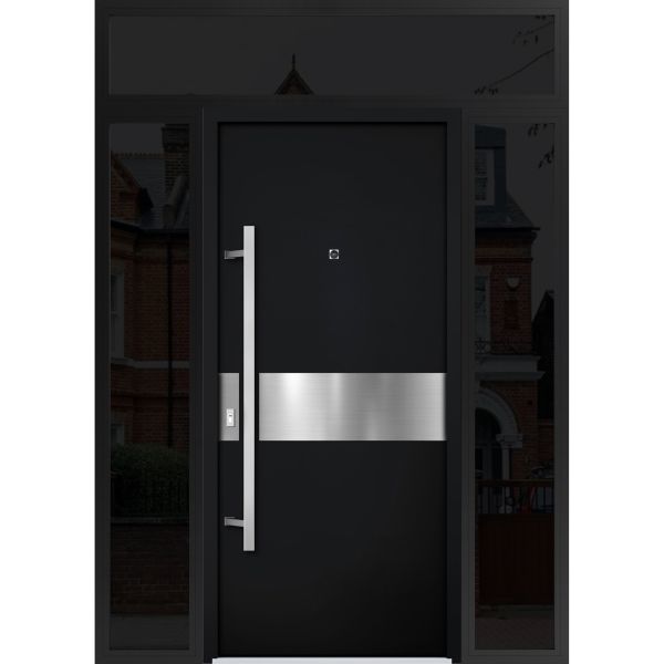 Front Exterior Prehung Steel Door / Deux 6072 Black Enamel / 2 Sidelight and Transom Window Sidelite / Entry Metal Modern Painted W12+36+12" x H80+16" Right hand Inswing