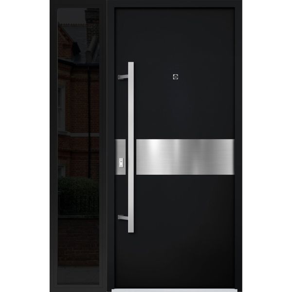 Front Exterior Prehung Steel Door / Deux 6072 Black Enamel / Sidelight Exterior Window Sidelite / Entry Metal Modern Painted W36+14" x H80" Right hand Inswing