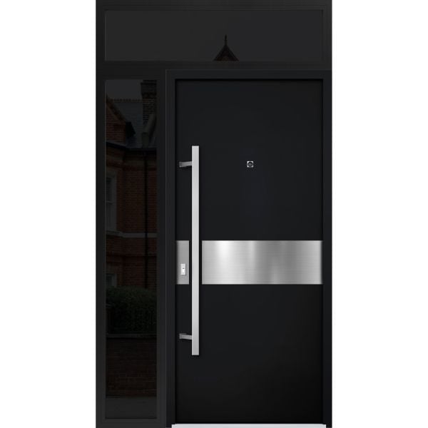 Front Exterior Prehung Steel Door / Deux 6072 Black Enamel / Sidelight and Transom Window Sidelite / Entry Metal Modern Painted W36+14" x H80+16" Right hand Inswing