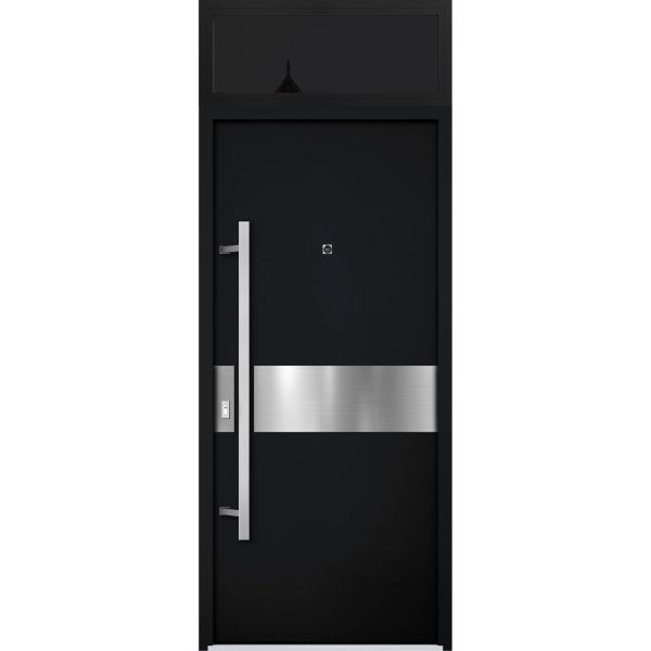 Front Exterior Prehung Steel Door / Deux 6072 Black Enamel / Transom Window Sidelite / Entry Metal Modern Painted W36" x H80+16" Right hand Inswing