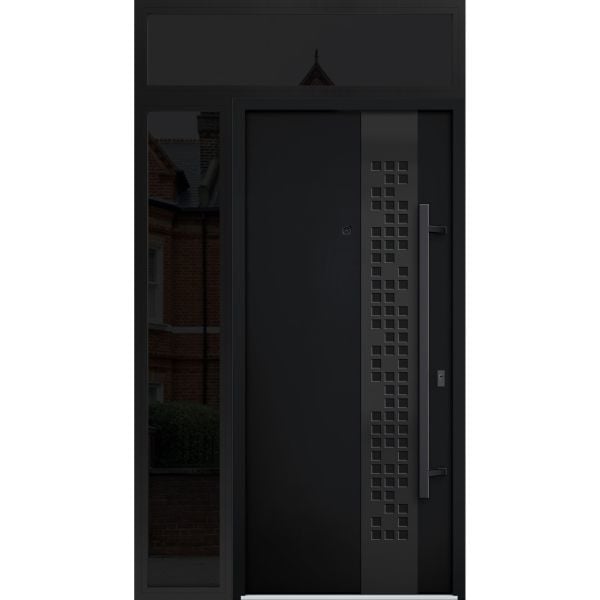 Front Exterior Prehung Steel Door / Deux 6078 Black Enamel / Sidelight and Transom Window Sidelite / Entry Metal Modern Painted W36+12" x H80+16" Left hand Inswing