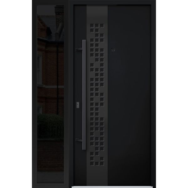 Front Exterior Prehung Steel Door / Deux 6078 Black Enamel / Sidelight Exterior Window Sidelite / Entry Metal Modern Painted W36+16" x H80" Right hand Inswing