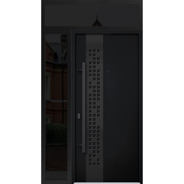 Front Exterior Prehung Steel Door / Deux 6078 Black Enamel / Sidelight and Transom Window Sidelite / Entry Metal Modern Painted W36+16" x H80+16" Right hand Inswing