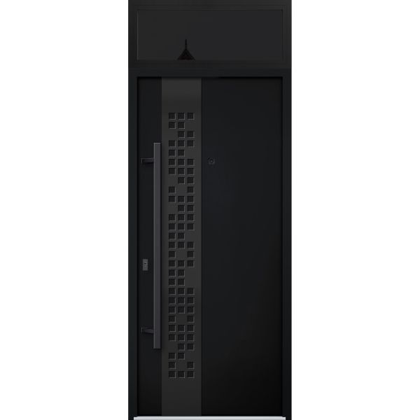Front Exterior Prehung Steel Door / Deux 6078 Black Enamel / Transom Window Sidelite / Entry Metal Modern Painted W36" x H80+16" Right hand Inswing