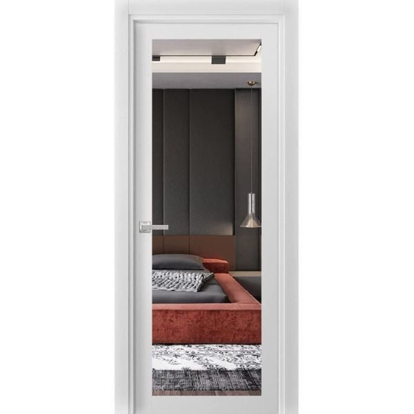 Solid Interior French | Lucia 1299 White Silk with Mirror | Single Regular Panel Frame Trims Handle | Bathroom Bedroom Sturdy Doors -18" x 80"-Mirror-Butterfly