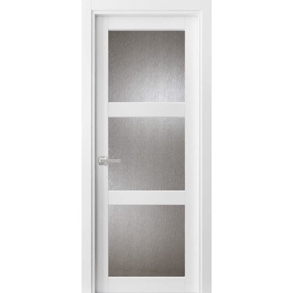 Solid Interior French | Lucia 2588 White Silk with Rain Glass 30" x 84" | Single Regular Panel Frame Trims Handle | Bathroom Bedroom Sturdy Doors