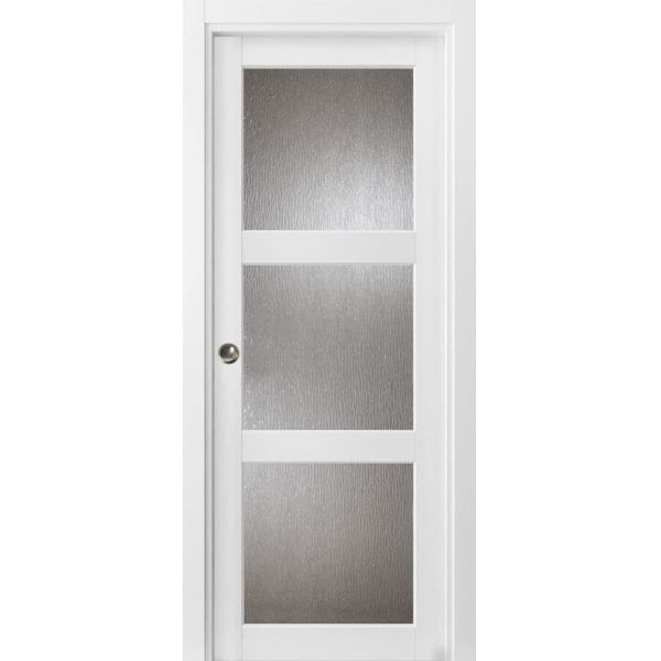 Sliding French Pocket Door with | Lucia 2588 White Silk with Rain Glass | Kit Trims Rail Hardware | Solid Wood Interior Bedroom Sturdy Doors -18" x 80"-Rain Glass