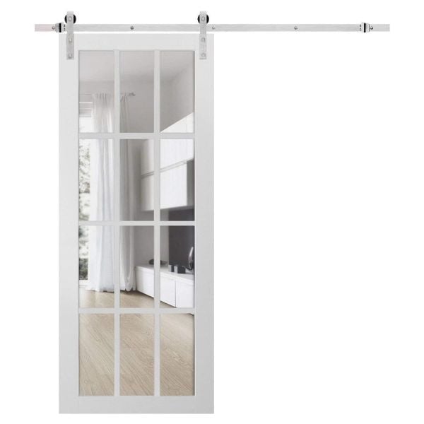 Sturdy Barn Door 12 lites | Felicia 3355 White Silk with Clear Glass | Silver 6.6FT Rail Hangers Heavy Hardware Set | Solid Panel Interior Doors
