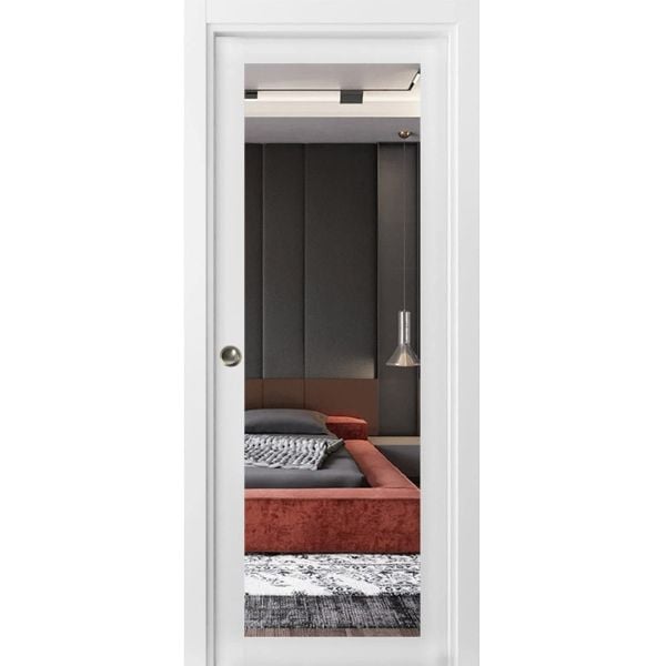 Sliding French Pocket Door | Lucia 1299 White Silk with Mirror | Kit Trims Rail Hardware | Solid Wood Interior Bedroom Sturdy Doors