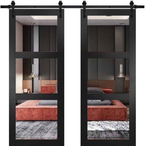 Sturdy Double Barn Door with | Lucia 2555 Matte Black with Clear Glass | 13FT Rail Hangers Heavy Set | Solid Panel Interior Doors