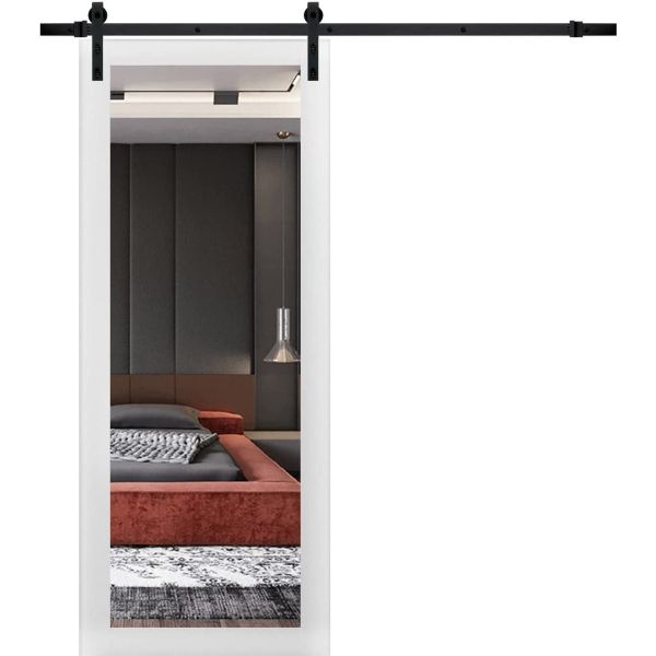 Sturdy Barn Door | Lucia 1299 White Silk | 6.6FT Rail Hangers Heavy Hardware Set | Modern Solid Panel Interior Doors-18" x 80"-Mirror-Black Rail