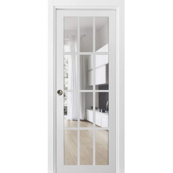Sliding French Pocket Door with Clear Glass 12 Lites | Felicia 3355 White Silk | Kit Trims Rail Hardware | Solid Wood Interior Bedroom Sturdy Doors -18" x 80"-Clear Glass