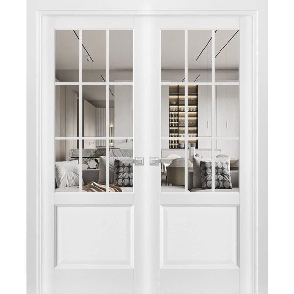 Solid French Double Doors | Felicia 3599 White Silk with Clear Glass | Wood Solid Panel Frame Trims | Closet Bedroom Sturdy Doors -36" x 80" (2* 18x80)-Butterfly-Clear Glass