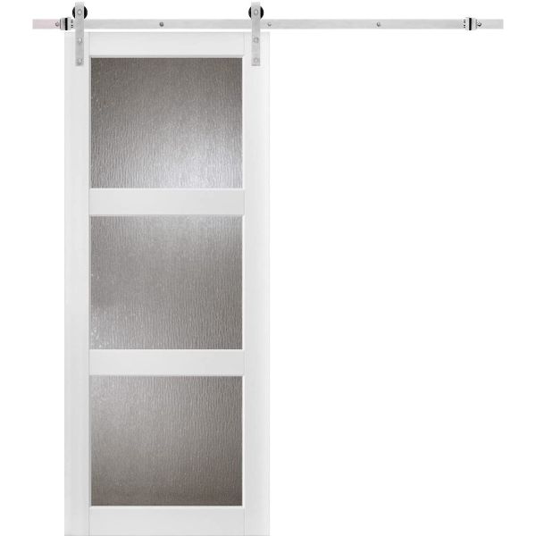 Sturdy Barn Door with Hardware | Lucia 2588 White Silk with Rain Glass | Stainless Steel 6.6FT Rail Hangers Heavy Set | Solid Panel Interior Doors