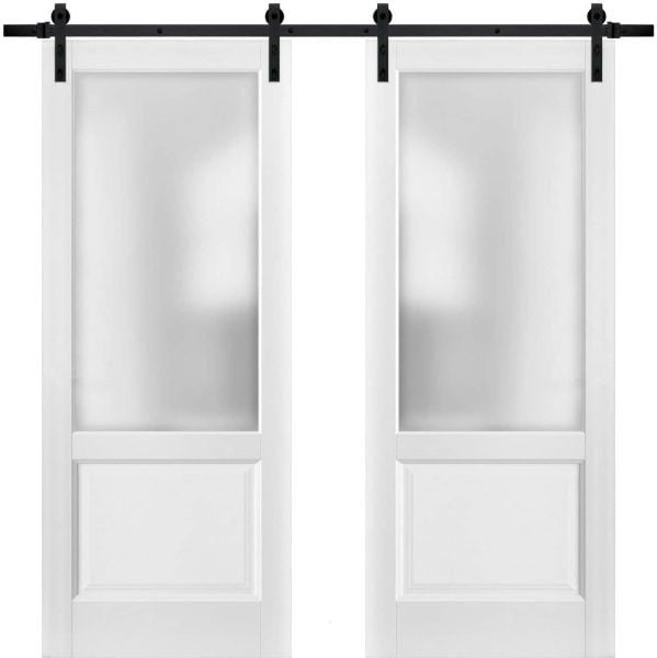 Sliding Double Barn Doors with Hardware | Lucia 22 White Silk with Frosted Opaque Glass | 13FT Rail Sturdy Set | Kitchen Lite Wooden Solid Panel Interior Bedroom Bathroom Door-36" x 80" (2* 18x80)-Black Rail-Frosted Glass