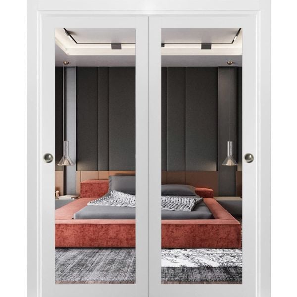 Sliding Closet Bypass Doors | Lucia 1299 White Silk with Mirror | Sturdy Rails Moldings Trims Hardware Set | Wood Solid Bedroom Wardrobe Doors-36" x 80" (2* 18x80)-Mirror