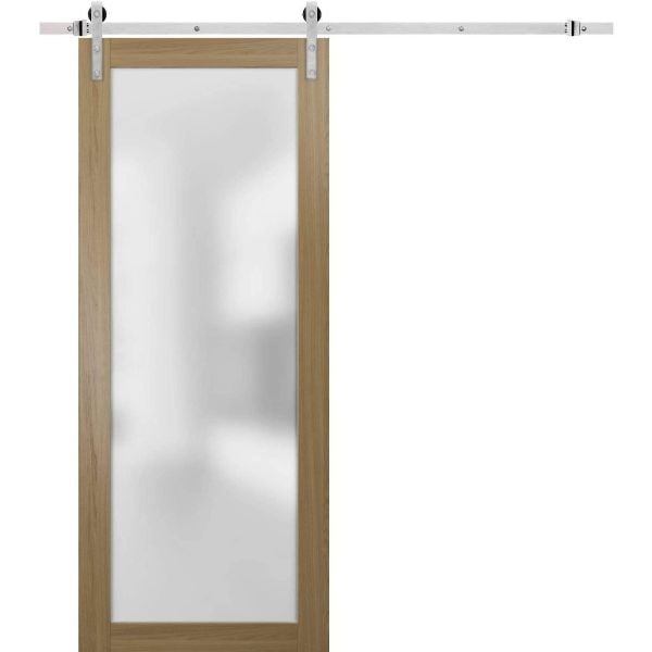 Sturdy Barn Door with Hardware | Planum 2102 Honey Ash with Frosted Glass | Stainless Steel 6.6FT Rail Hangers Heavy Set | Modern Solid Panel Interior Doors