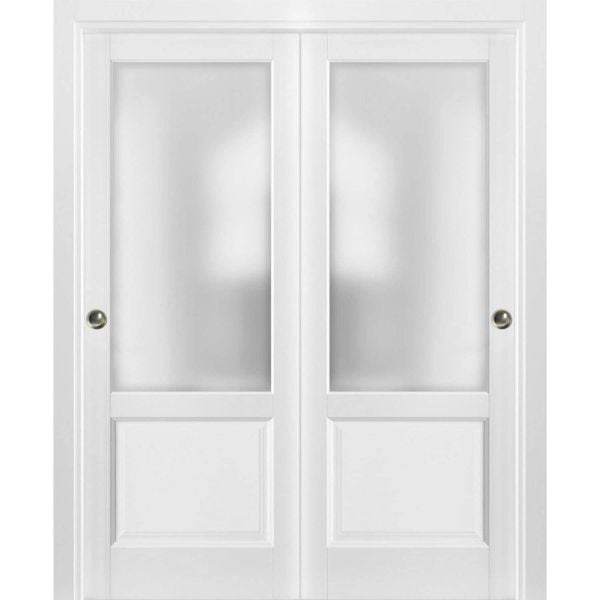 Sliding Closet Bypass Doors | Lucia 22 White Silk with Frosted Glass | Sturdy Rails Moldings Trims Hardware Set | Wood Solid Bedroom Wardrobe Doors 