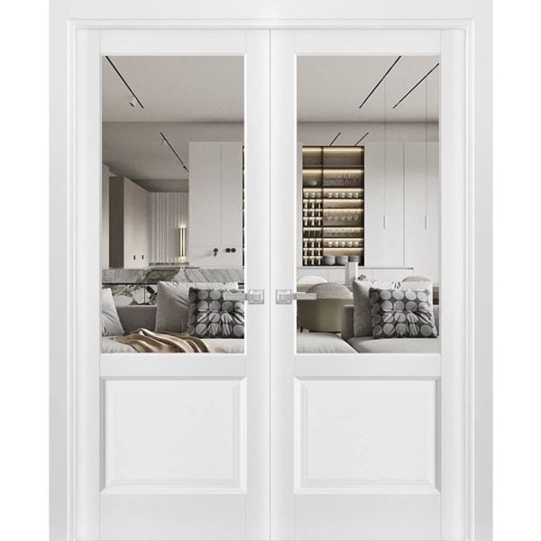 Solid French Double Doors | Lucia 1533 White Silk with Clear Glass | Wood Solid Panel Frame Trims | Closet Bedroom Sturdy Doors-36" x 80" (2* 18x80)-Butterfly-Clear Glass