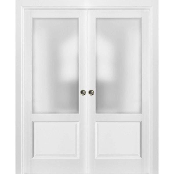 Sliding French Double Pocket Doors | Lucia 22 White Silk with Clear Glass | Kit Trims Rail Hardware | Solid Wood Interior Bedroom Sturdy Doors