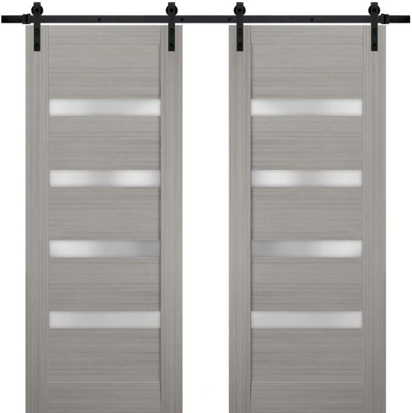Sturdy Double Barn Door with | Quadro 4113 Grey Ash with Frosted Glass | Black 13FT Rail Hangers Heavy Set | Solid Panel Interior Doors