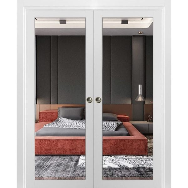 Sliding French Double Pocket Doors | Lucia 1299 White Silk with Mirror | Kit Trims Rail Hardware | Solid Wood Interior Bedroom Sturdy Doors