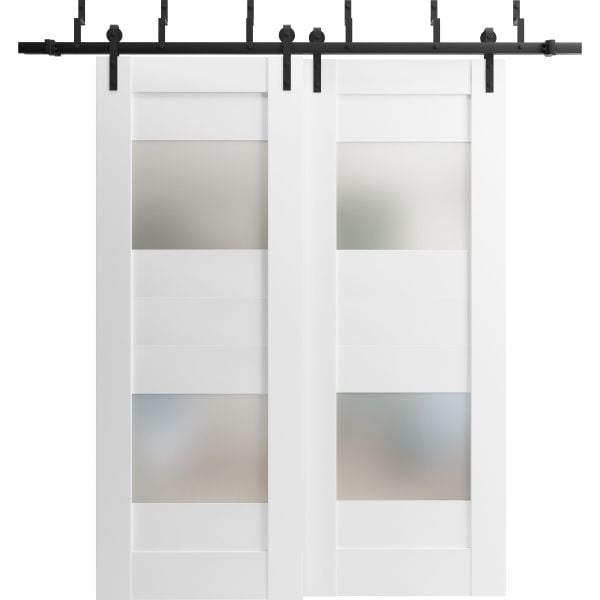 Sliding Closet 2 Lites Barn Bypass Doors / Sete 6222 White Silk with Frosted Glass / Modern 6.6ft Rails Hardware Set / Wood Solid Bedroom Wardrobe Doors 