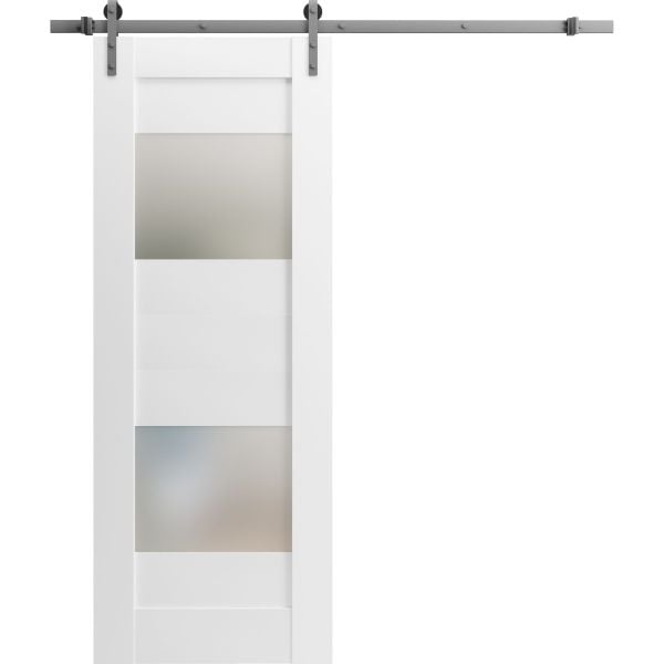Modern Barn Door 2 Lites with Hardware / Sete 6222 White Silk with Frosted Glass / Stainless Steel 6.6FT Rail Track Set / Solid Panel Interior Doors