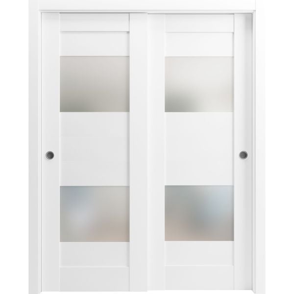 Sliding Closet 2 Lites Bypass Doors / Sete 6222 White Silk with Frosted Glass / Rails Hardware Set / Wood Solid Bedroom Wardrobe Doors 