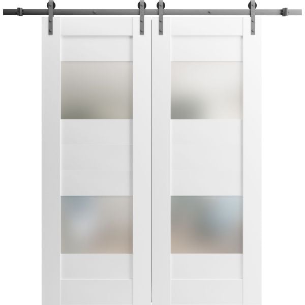 Modern Double Barn Door with Opaque Glass 2 Lites / Sete 6222 White Silk / Stainless Steel 13FT Rail Track Set / Solid Panel Interior Doors